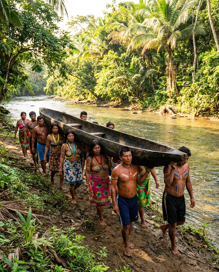 Emberá community carrying a dugout canoe on the Emberá Village Day Tour